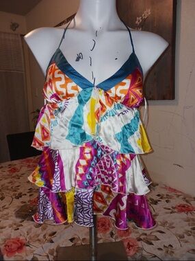 Postella Multicolor Tiered Halter Cami Top with Geometric Print